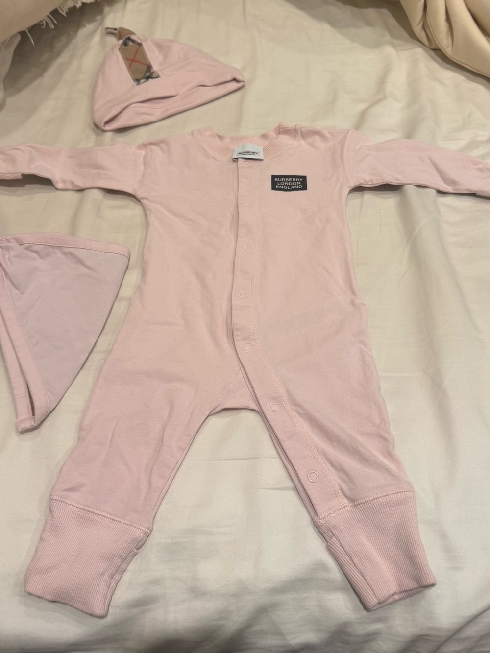 Burberry Light Pink Infant Footed One-Piece with Matching Hat